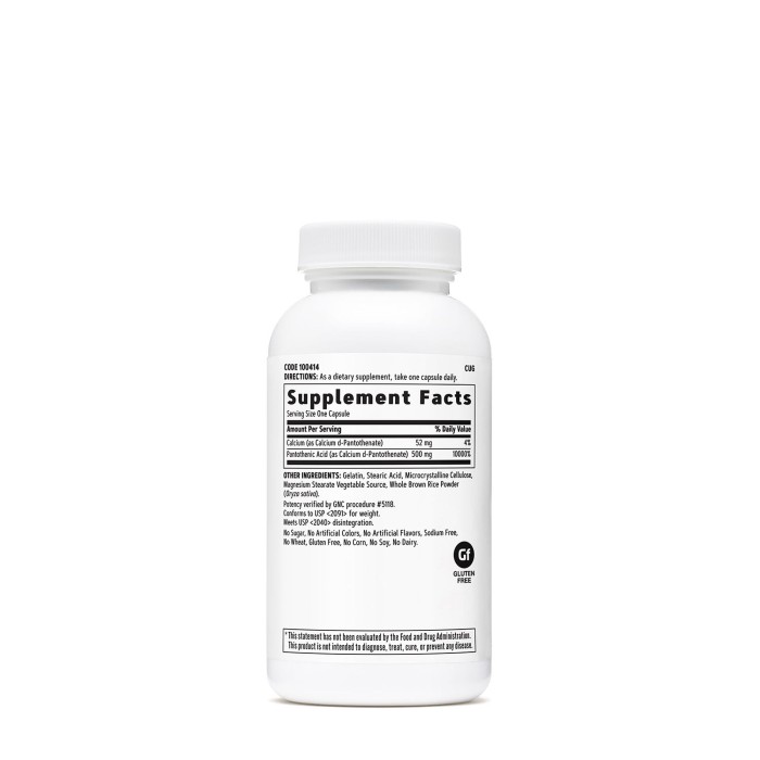 Gnc Pantothenic Acid 500 Mg, Acid Pantotenic, 100 Cps Gnc Pantothenic Acid 500 Mg, Acid Pantotenic, 100 Cps
