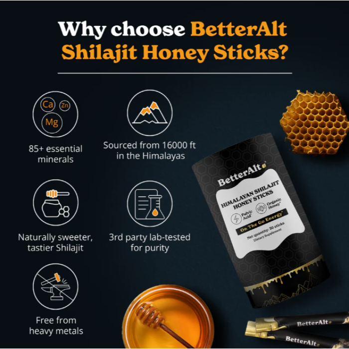 Better Alt Himalayan Shilajit Honey Sticks, Pliculete De Shilajit Din Himalaya Si Miere Cu 75% Acid Fulvic, 30 Pliculete Better Alt Himalayan Shilajit Honey Sticks, Pliculete De Shilajit Din Himalaya Si Miere Cu 75% Acid Fulvic, 30 Pliculete