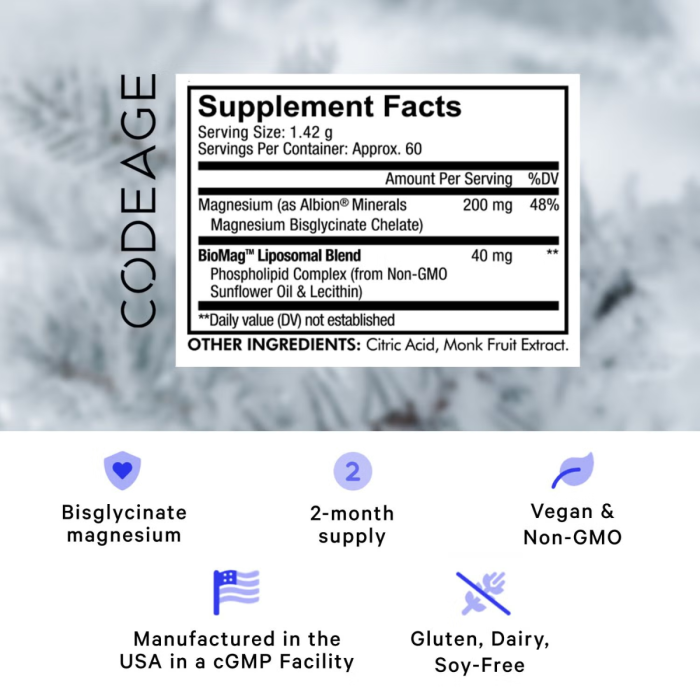 Codeage Liposomal Magnesium Glycinate, Magneziu Bisglicinat Lipozomal - Formula Avansata Pentru Absorbtie Superioara, 85.20 G Codeage Liposomal Magnesium Glycinate, Magneziu Bisglicinat Lipozomal - Formula Avansata Pentru Absorbtie Superioara, 85.20 G