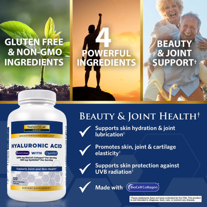 Nature's Lab Hyaluronic Acid With Biocell Collagen And Msm, Formula Pentru Sustinerea Pielii Si Confortul Articular, 120 Cps Nature's Lab Hyaluronic Acid With Biocell Collagen And Msm, Formula Pentru Sustinerea Pielii Si Confortul Articular, 120 Cps