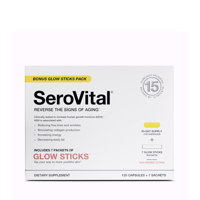 Serovital - Reverse The Signs Of Aging, Formula Pentru Remedierea Semnelor De Imbatranire Cu Lizina, 120 Capsule + 7 Plicuri Glow Sticks Serovital - Reverse The Signs Of Aging, Formula Pentru Remedierea Semnelor De Imbatranire Cu Lizina, 120 Capsule + 7 Plicuri Glow Sticks