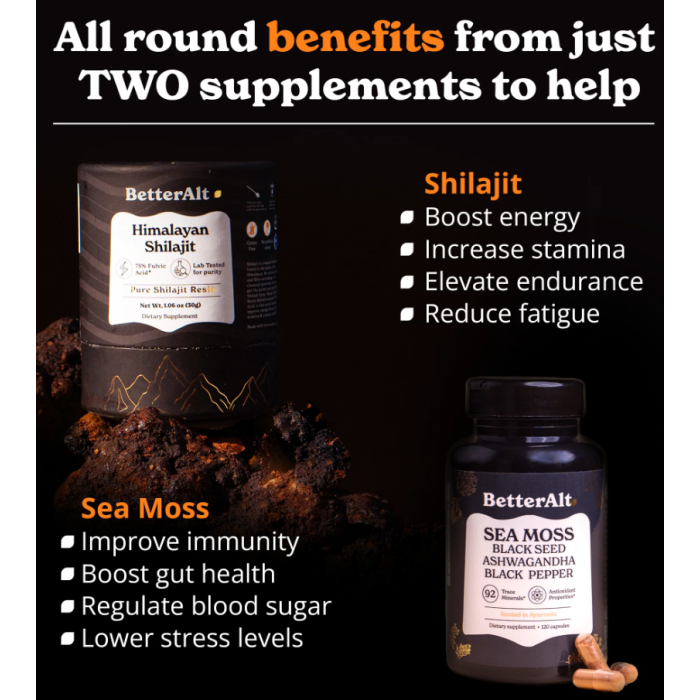 Better Alt Shilajit Sea Moss, Formula De Shilajit Cu Alge Marine, Ashwagandha Si Tongkat Ali, 120 Cps Better Alt Shilajit Sea Moss, Formula De Shilajit Cu Alge Marine, Ashwagandha Si Tongkat Ali, 120 Cps