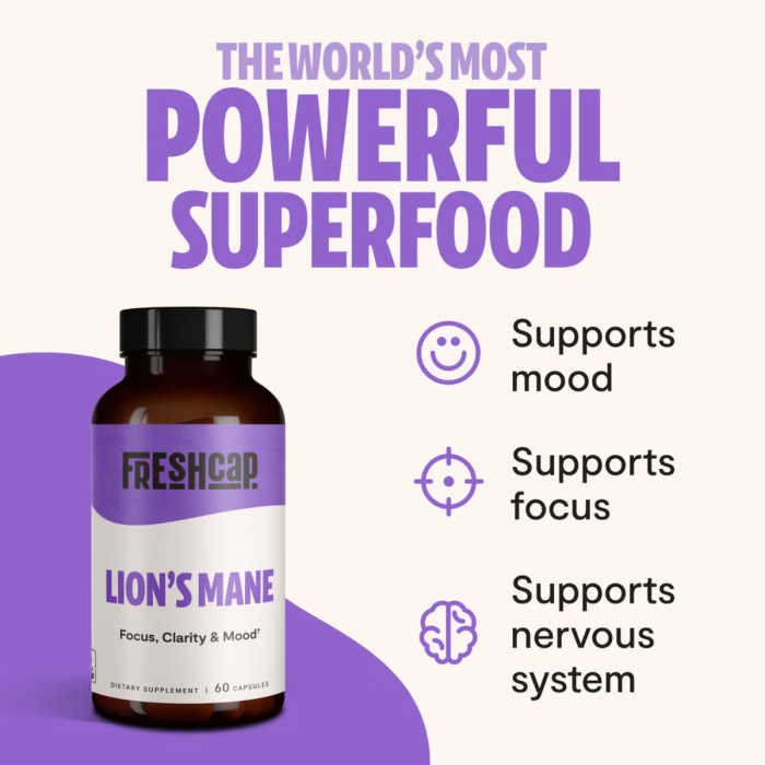 Freshcap Lion's Mane Mushroom, Ciuperca Coama Leului Pentru Claritate Mentala, Focus Si Sustinere Cognitiva, 1000 Mg, 60 Cps Freshcap Lion's Mane Mushroom, Ciuperca Coama Leului Pentru Claritate Mentala, Focus Si Sustinere Cognitiva, 1000 Mg, 60 Cps