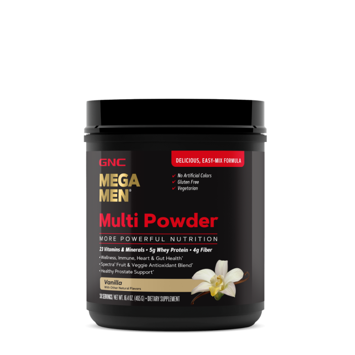 Gnc Mega Men Multi Powder, Pudra Cu Multivitamine, Proteine Si Verdeturi Cu Aroma De Vanilie, 465 G Gnc Mega Men Multi Powder, Pudra Cu Multivitamine, Proteine Si Verdeturi Cu Aroma De Vanilie, 465 G