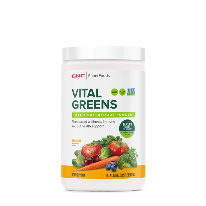 Gnc Superfoods Vital Greens Daily Superfoods Powder, Pudra Cu Super Alimente Verzi Cu Aroma De Mango, 421.5 G Gnc Superfoods Vital Greens Daily Superfoods Powder, Pudra Cu Super Alimente Verzi Cu Aroma De Mango, 421.5 G