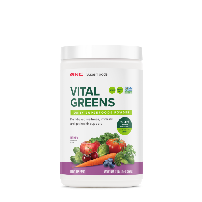 Gnc Superfoods Vital Greens Daily Superfoods Powder, Pudra Cu Super Alimente Verzi Cu Aroma De Fructe De Padure, 424.8 G Gnc Superfoods Vital Greens Daily Superfoods Powder, Pudra Cu Super Alimente Verzi Cu Aroma De Fructe De Padure, 424.8 G