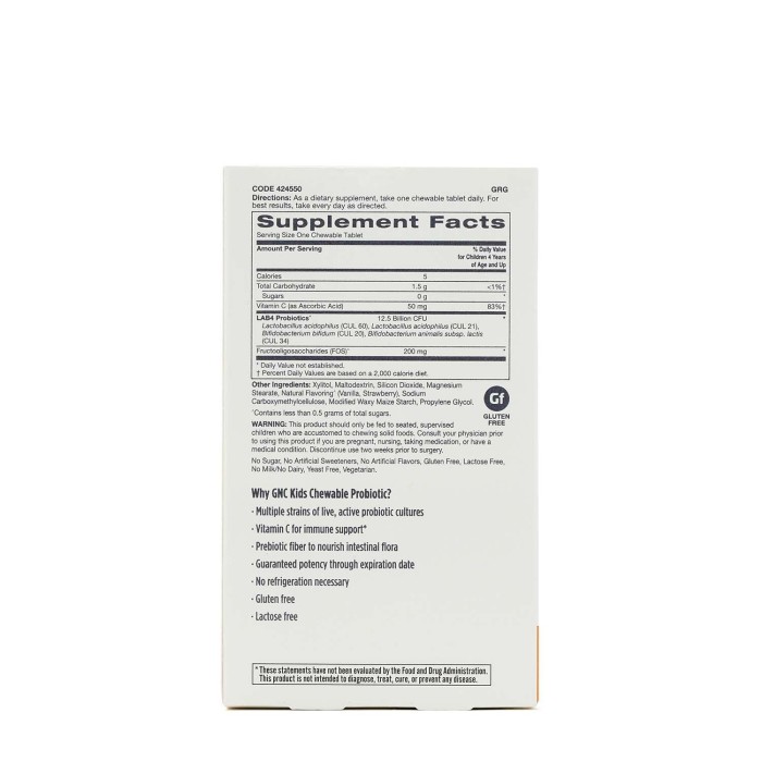 Gnc Milestones Kids Chewable Probiotic, Probiotic Lab4 Studiat Clinic Masticabil Pentru Copii 4-12 Ani, Cu Aroma Naturala De Capsuni, 30 Tb Gnc Milestones Kids Chewable Probiotic, Probiotic Lab4 Studiat Clinic Masticabil Pentru Copii 4-12 Ani, Cu Aroma Naturala De Capsuni, 30 Tb