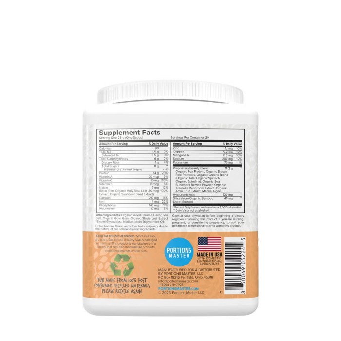 Portions Master Vegan Collagen Builder, Formula Speciala Pentru Productia De Colagen Cu Aroma De Caramel Sarat, 500 G Portions Master Vegan Collagen Builder, Formula Speciala Pentru Productia De Colagen Cu Aroma De Caramel Sarat, 500 G