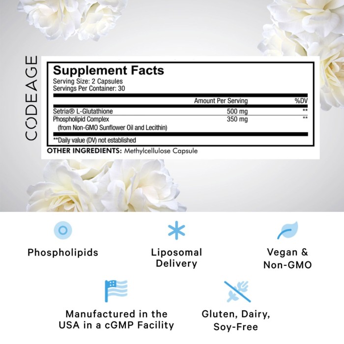 Codeage Liposomal Glutathione, Glutation Lipozomal Setria, 60 Cps Codeage Liposomal Glutathione, Glutation Lipozomal Setria, 60 Cps