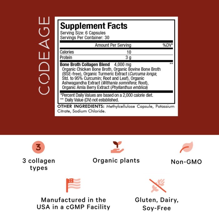 Codeage Bone Broth Collagen Peptides, Peptide Din Colagen De Tipul I, Ii & Iii Din Fiertura De Oase Cu Turmeric Si Ashwagandha, 180 Cps Codeage Bone Broth Collagen Peptides, Peptide Din Colagen De Tipul I, Ii & Iii Din Fiertura De Oase Cu Turmeric Si Ashwagandha, 180 Cps