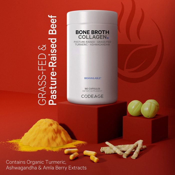 Codeage Bone Broth Collagen Peptides, Peptide Din Colagen De Tipul I, Ii & Iii Din Fiertura De Oase Cu Turmeric Si Ashwagandha, 180 Cps Codeage Bone Broth Collagen Peptides, Peptide Din Colagen De Tipul I, Ii & Iii Din Fiertura De Oase Cu Turmeric Si Ashwagandha, 180 Cps