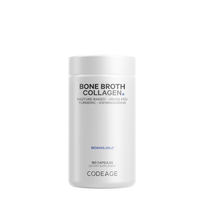 Codeage Bone Broth Collagen Peptides, Peptide Din Colagen De Tipul I, Ii & Iii Din Fiertura De Oase Cu Turmeric Si Ashwagandha, 180 Cps Codeage Bone Broth Collagen Peptides, Peptide Din Colagen De Tipul I, Ii & Iii Din Fiertura De Oase Cu Turmeric Si Ashwagandha, 180 Cps
