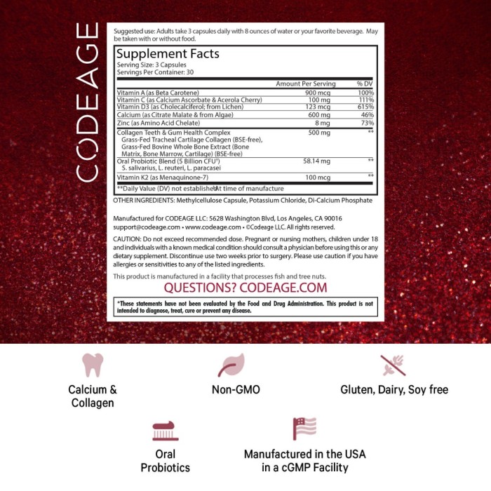Codeage Teeth & Gums Vitamins, Daily Multivitamins & Minerals + Collagen, Complex De Vitamine, Minerale Si Colagen Pentru Dinti Si Gingii, 90 Cps Codeage Teeth & Gums Vitamins, Daily Multivitamins & Minerals + Collagen, Complex De Vitamine, Minerale Si Colagen Pentru Dinti Si Gingii, 90 Cps