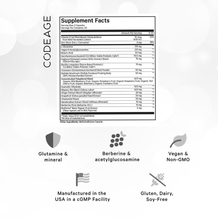 Codeage Leaky Gut Supplement - L-glutamine, Prebiotics, Probiotics, Postbiotic, Formula Avansata Pentru Sanatatea Intestinala, 60 Cps Codeage Leaky Gut Supplement - L-glutamine, Prebiotics, Probiotics, Postbiotic, Formula Avansata Pentru Sanatatea Intestinala, 60 Cps