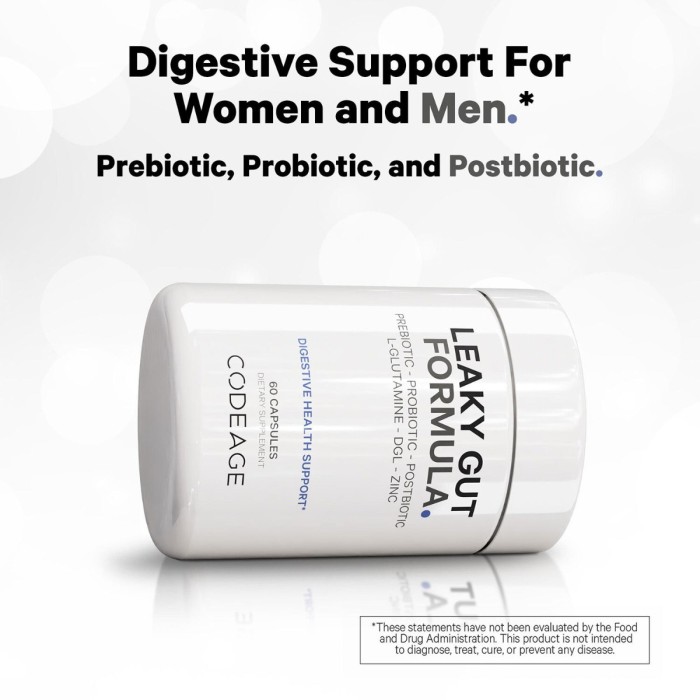Codeage Leaky Gut Supplement - L-glutamine, Prebiotics, Probiotics, Postbiotic, Formula Avansata Pentru Sanatatea Intestinala, 60 Cps Codeage Leaky Gut Supplement - L-glutamine, Prebiotics, Probiotics, Postbiotic, Formula Avansata Pentru Sanatatea Intestinala, 60 Cps