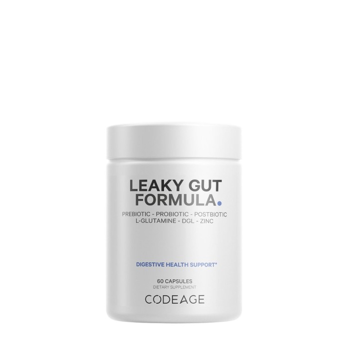 Codeage Leaky Gut Supplement - L-glutamine, Prebiotics, Probiotics, Postbiotic, Formula Avansata Pentru Sanatatea Intestinala, 60 Cps Codeage Leaky Gut Supplement - L-glutamine, Prebiotics, Probiotics, Postbiotic, Formula Avansata Pentru Sanatatea Intestinala, 60 Cps