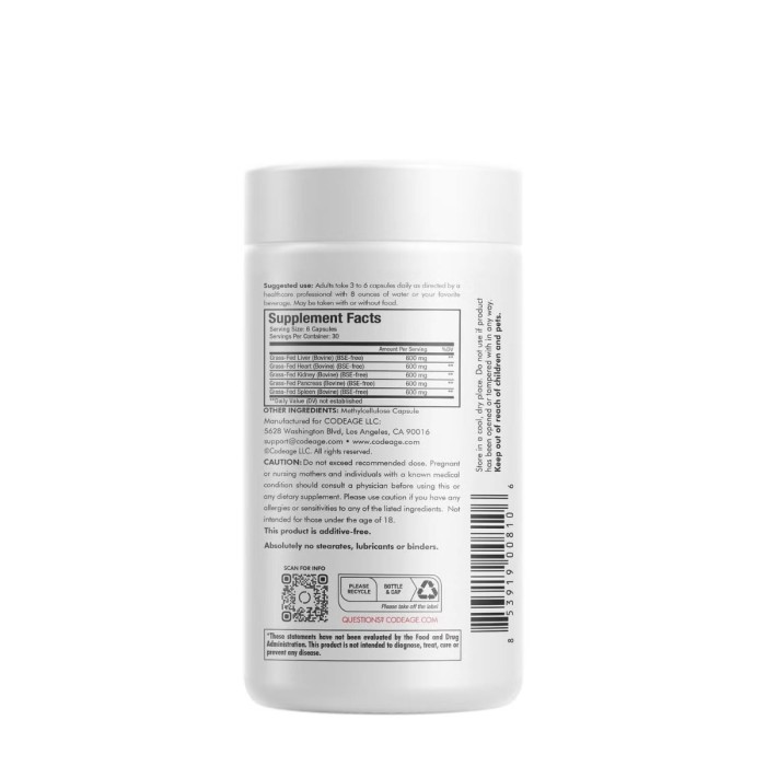 Codeage Grass-fed Beef Organs, Supliment Premium Cu Organe De Vite Hranite Cu Iarba, 180 Cps Codeage Grass-fed Beef Organs, Supliment Premium Cu Organe De Vite Hranite Cu Iarba, 180 Cps