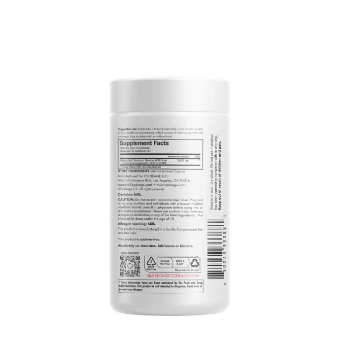 Codeage Immuno Bovine Colostrum, Colostru Bovin Bogat In Imunoglobuline, 180 Cps Codeage Immuno Bovine Colostrum, Colostru Bovin Bogat In Imunoglobuline, 180 Cps