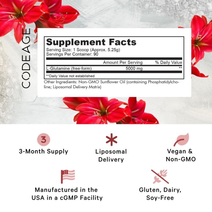 Codeage Liposomal L-glutamine Powder, L-glutamina Lipozomala Pentru Sustinerea Sanatatii Musculare Si Digestive, Fara Aroma, 472.5 G Codeage Liposomal L-glutamine Powder, L-glutamina Lipozomala Pentru Sustinerea Sanatatii Musculare Si Digestive, Fara Aroma, 472.5 G