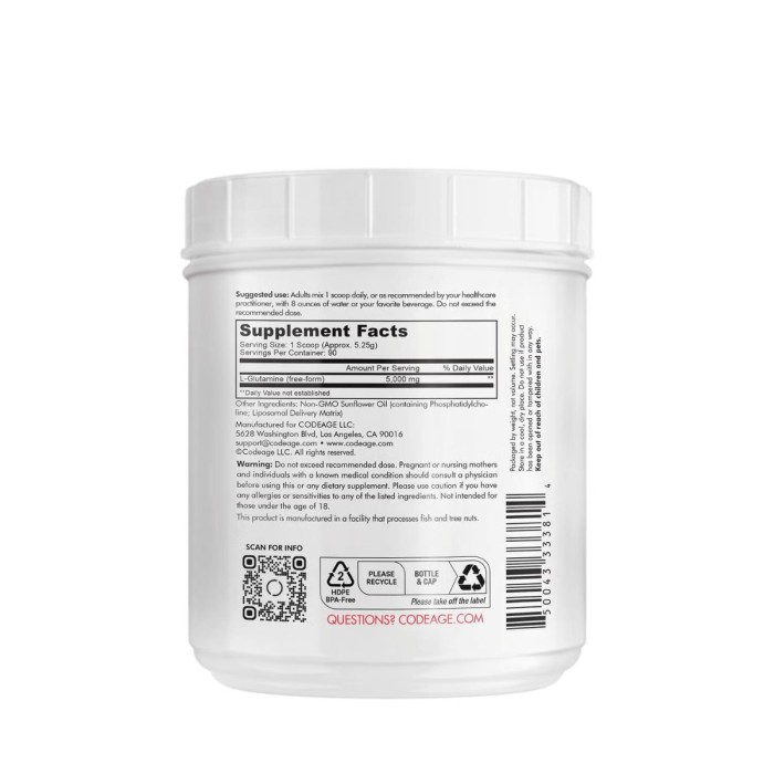 Codeage Liposomal L-glutamine Powder, L-glutamina Lipozomala Pentru Sustinerea Sanatatii Musculare Si Digestive, Fara Aroma, 472.5 G Codeage Liposomal L-glutamine Powder, L-glutamina Lipozomala Pentru Sustinerea Sanatatii Musculare Si Digestive, Fara Aroma, 472.5 G