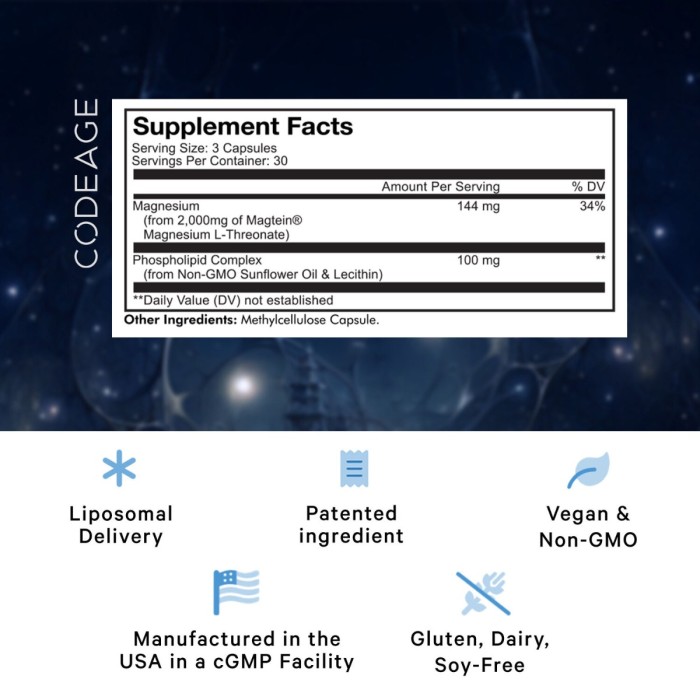 Codeage Liposomal Magnesium L-threonate, Magneziu L-treonat Liposomal Cu Fosfolipide - Formula Avansata Pentru Absorbtie Superioara, 90 Cps Codeage Liposomal Magnesium L-threonate, Magneziu L-treonat Liposomal Cu Fosfolipide - Formula Avansata Pentru Absorbtie Superioara, 90 Cps