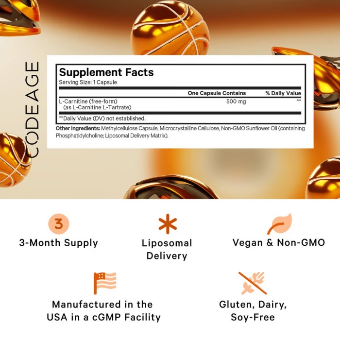 Codeage Liposomal L-carnitine+ , L-carnitina Lipozomala Pentru Energie Celulara Si Suport Metabolic, 90 Cps Codeage Liposomal L-carnitine+ , L-carnitina Lipozomala Pentru Energie Celulara Si Suport Metabolic, 90 Cps