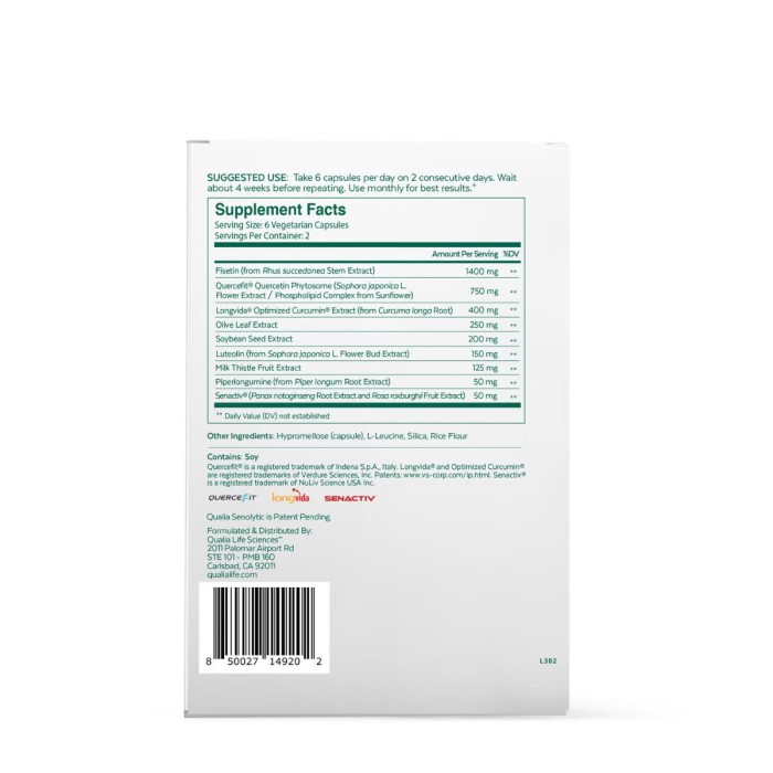 Qualia Life Sciences, Qualia Senolytic, Supliment Avansat Pentru Sanatate Celulara Si Longevitate, 12 Cps Qualia Life Sciences, Qualia Senolytic, Supliment Avansat Pentru Sanatate Celulara Si Longevitate, 12 Cps