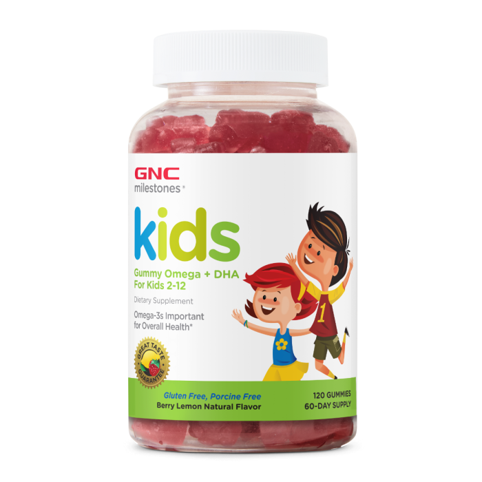 Gnc Milestones Kids Gummy Omega+dha For Kids 2-12, Jeleuri Cu Omega Dha Pentru Dezvoltarea Cognitiva Si Sanatatea Ochilor La Copii, Cu Aroma Naturala De Fructe De Padure Si Lamaie, 120 Jeleuri Gnc Milestones Kids Gummy Omega+dha For Kids 2-12, Jeleuri Cu Omega Dha Pentru Dezvoltarea Cognitiva Si Sanatatea Ochilor La Copii, Cu Aroma Naturala De Fructe De Padure Si Lamaie, 120 Jeleuri