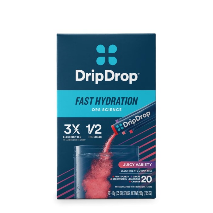 Dripdrop Electrolyte Drink Mix Juicy Variety, Electroliti Cu Diferite Arome, 200 G Dripdrop Electrolyte Drink Mix Juicy Variety, Electroliti Cu Diferite Arome, 200 G