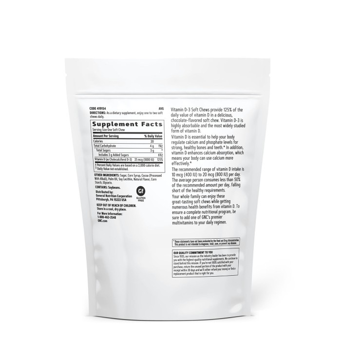 Gnc Vitamin Soft Chews D-3 1000 Iu, Vitamina D-3 1000 Ui Naturala 100% Din Lanolina, Cu Aroma De Ciocolata, 60 Caramele Gnc Vitamin Soft Chews D-3 1000 Iu, Vitamina D-3 1000 Ui Naturala 100% Din Lanolina, Cu Aroma De Ciocolata, 60 Caramele