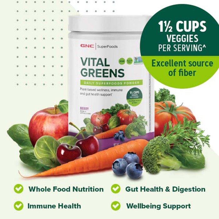 Gnc Superfoods Vital Greens Daily Superfoods Powder, Pudra Cu Super Alimente Verzi Cu Aroma De Fructe De Padure, 424.8 G Gnc Superfoods Vital Greens Daily Superfoods Powder, Pudra Cu Super Alimente Verzi Cu Aroma De Fructe De Padure, 424.8 G