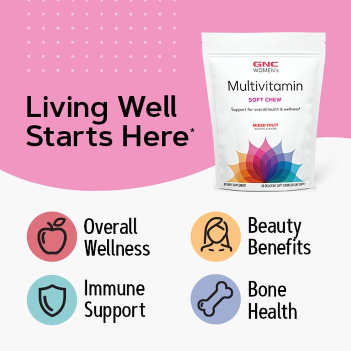 Gnc Women's Ultra Mega Soft Chews, Mixed Fruit, Multivitamine Pentru Femei Caramele Cu Aroma De Mix De Fructe, 60 Caramele Gnc Women's Ultra Mega Soft Chews, Mixed Fruit, Multivitamine Pentru Femei Caramele Cu Aroma De Mix De Fructe, 60 Caramele
