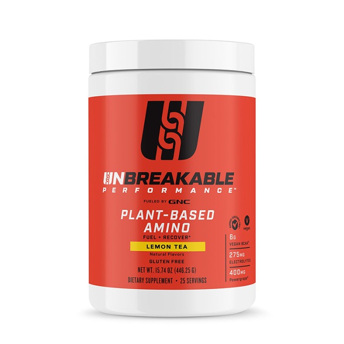 Unbreakable Performance Aminoacizi vegetali cu aroma de ceai de lamaie (446.25 grame), GNC de la Biom.ro. Online e mai simplu Unbreakable Performance Aminoacizi vegetali cu aroma de ceai de lamaie (446.25 grame), GNC de la Biom.ro. Online e mai simplu